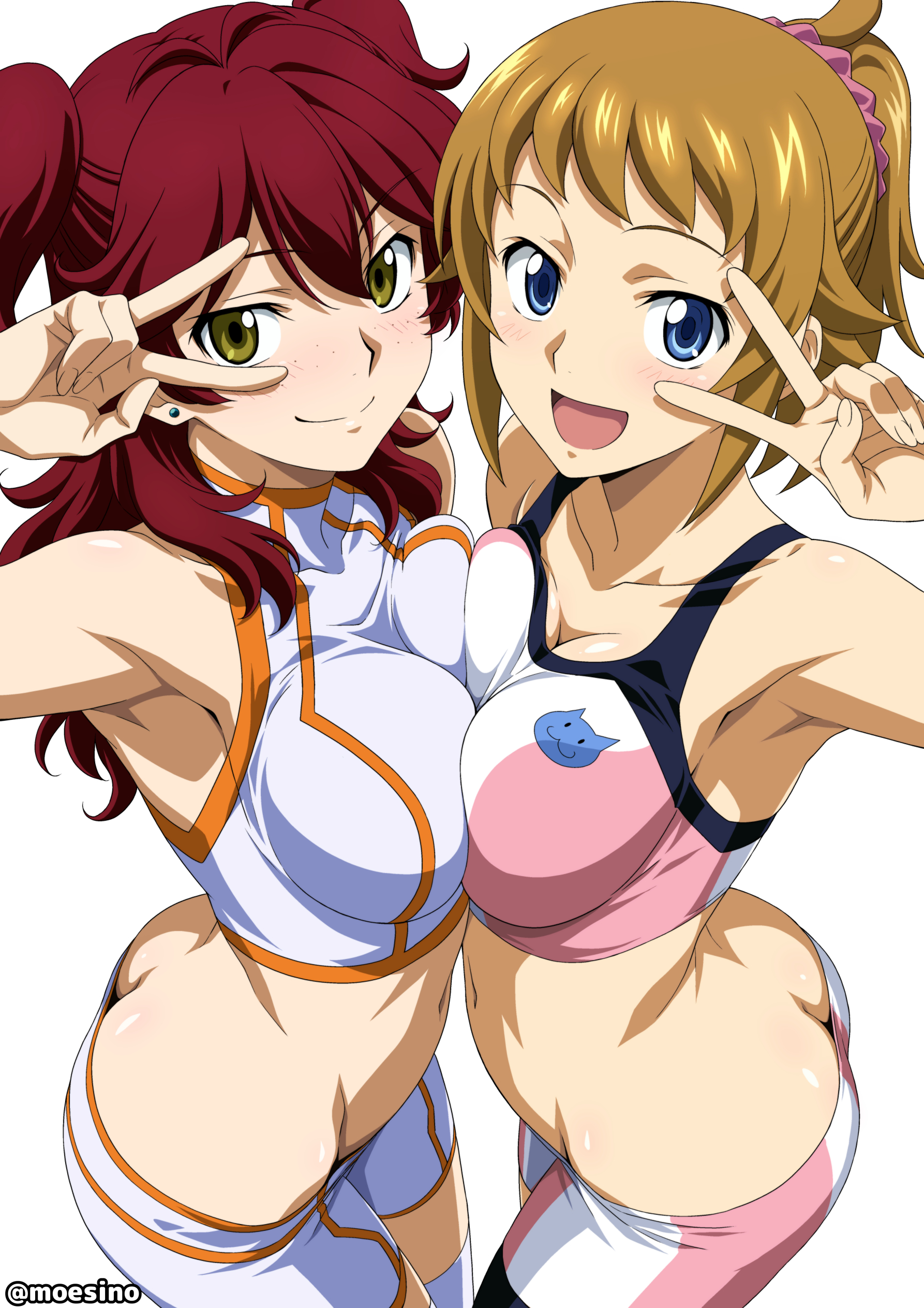 2girls, arm up, armpits, big breasts, blonde female, blonde-haired female, busty, earrings, fanart, freckles, freckles on face, fumina hoshino, ginger, ginger female, ginger hair, gundam, gundam 00, gundam build fighters, gundam build fighters try, hoshino fumina, jewelry, large breasts, midriff, mobile suit gundam, nena trinity, ponytail, ponytail (hair), pose, posing, red hair, redhead female, sandy blonde hair, sensual, sexy, sexy pose, stud earrings, thin eyebrows, toned, twintails, twintails (hairstyle), voluptuous, yellow eyes