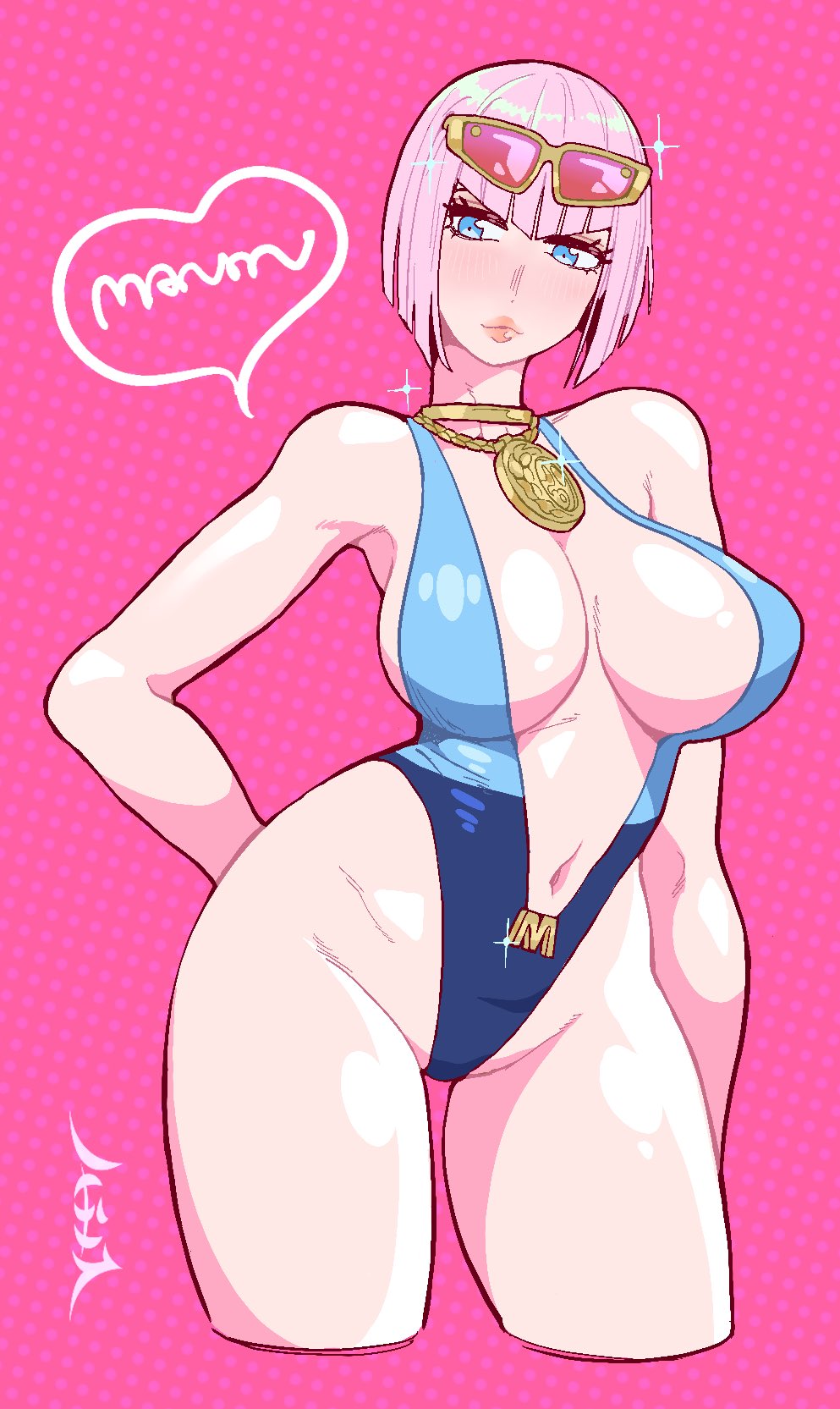 1girls, arm behind back, bare shoulders, blue eyes, blue one-piece swimsuit, blunt bangs, blush, bob cut, breasts, casual one-piece swimsuit, center opening, chain necklace, cleavage, closed mouth, clothing, cropped legs, eyewear on head, female, gold chain, gold necklace, hachinos ssb, highleg, highleg swimsuit, jewelry, large breasts, lips, looking at viewer, manon legrand, navel, necklace, one-piece swimsuit, pink hair, pink lips, polka dot, short hair, solo, sparkle, standing, street fighter, street fighter 6, sunglasses, swimsuit, thick thighs, thighs, tinted eyewear, yellow-framed eyewear