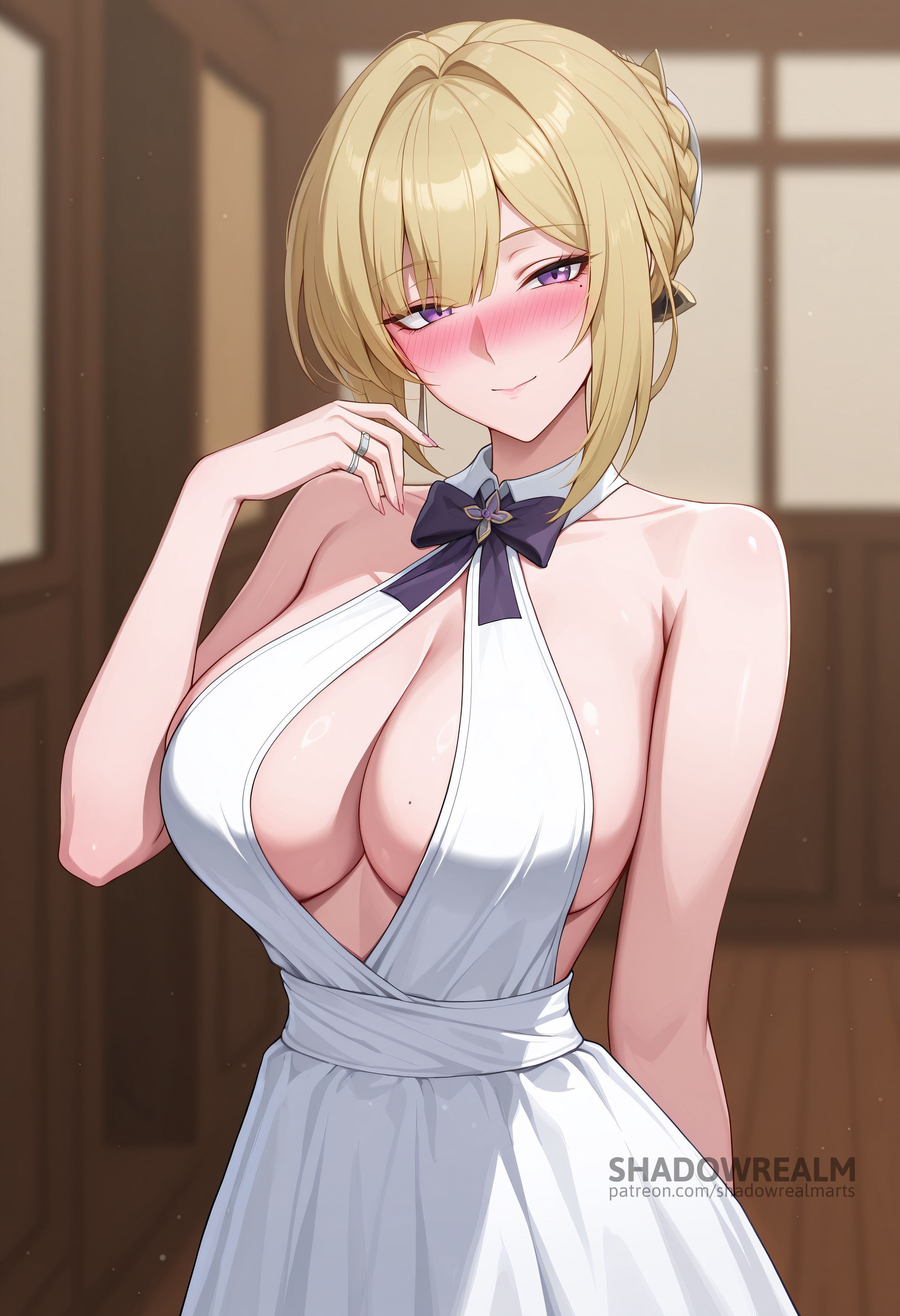 ai generated, arm behind back, bare arms, bare shoulders, black bow, blonde hair, blurry, blurry background, blush, bow, bowtie, braid, breasts, cleavage, closed mouth, collarbone, dress, evelyn chevalier, female, hand up, indoors, jewelry, large breasts, looking at viewer, mole, mole on breast, mole under eye, purple eyes, ring, shadowrealmarts, sleeveless, sleeveless dress, smile, solo, uncensored, wedding ring, white dress, zenless zone zero