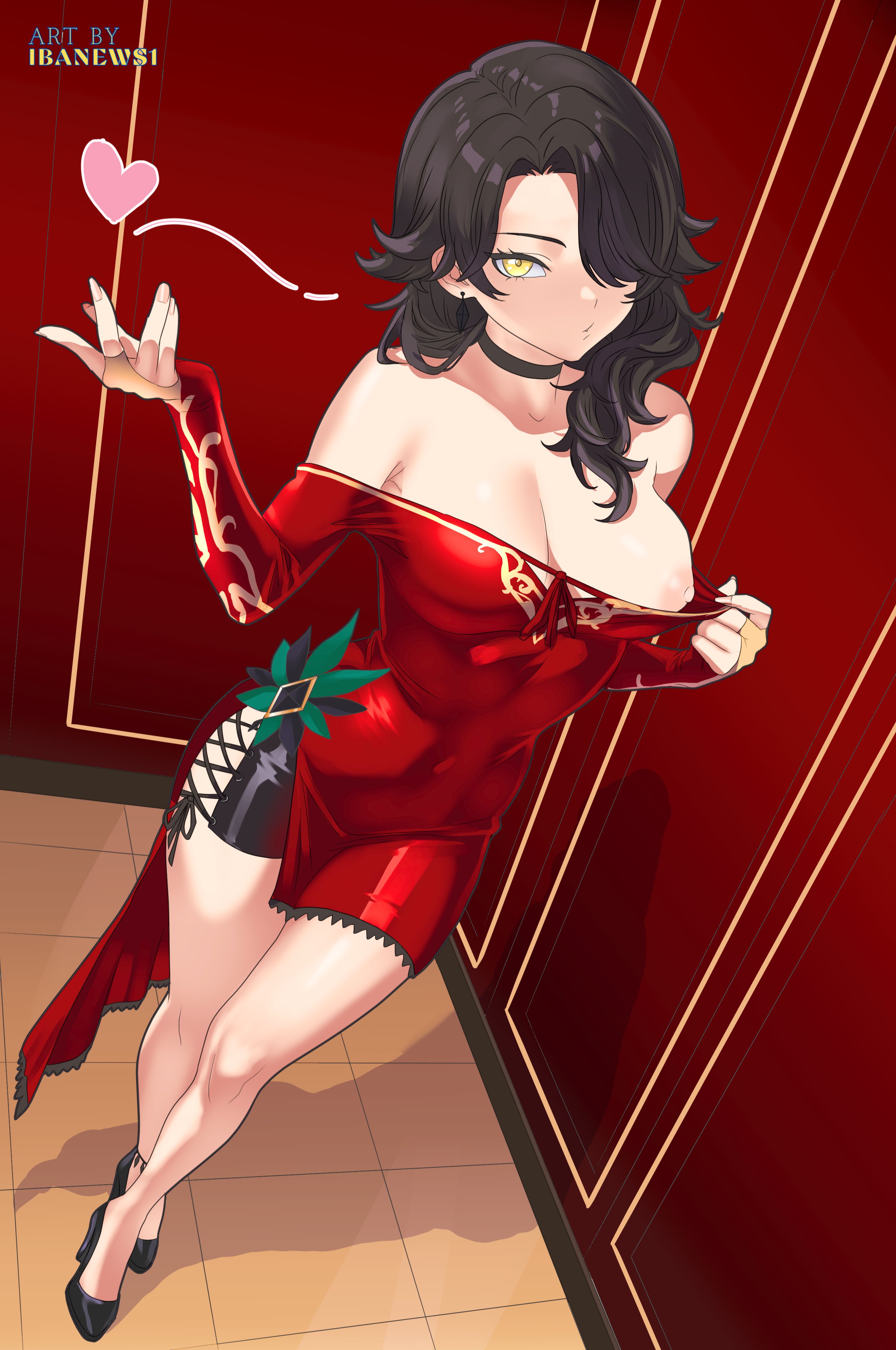 1girls, amber eyes, areolae, artist name, bare legs, bare shoulders, big breasts, black hair, black shoes, black shorts, blowing kiss, breasts, choker, cinder fall, cleavage, comission, curvaceous, curvy, curvy figure, dress, female, femme fatale, flashing, flashing breasts, hair over one eye, heart, heart symbol, hourglass figure, ibanews1, light skin, light-skinned female, long hair, nipples, one breast out, pink nipples, pulling down dress, pulling own clothes, red dress, rooster teeth, rwby, seduction, seductive, seductive female, seductive look, shoes, shorts, solo, solo female, teasing, tile floor, tiles, villain, villainess, viz media, yellow eyes