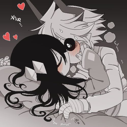 1boy, bandaged hands, bed, bedroom, black hair, blush, clothed, cupping cheek, demon, demon horns, etihw, female, flustered, funamusea, funamusea (artist), goddess, gripping, gripping sheets, heavy breathing, i love eticalb, kcalb, kissing, making out, o.o, shocked, shocked expression, shocked eyes, the gray garden, white hair, white skin