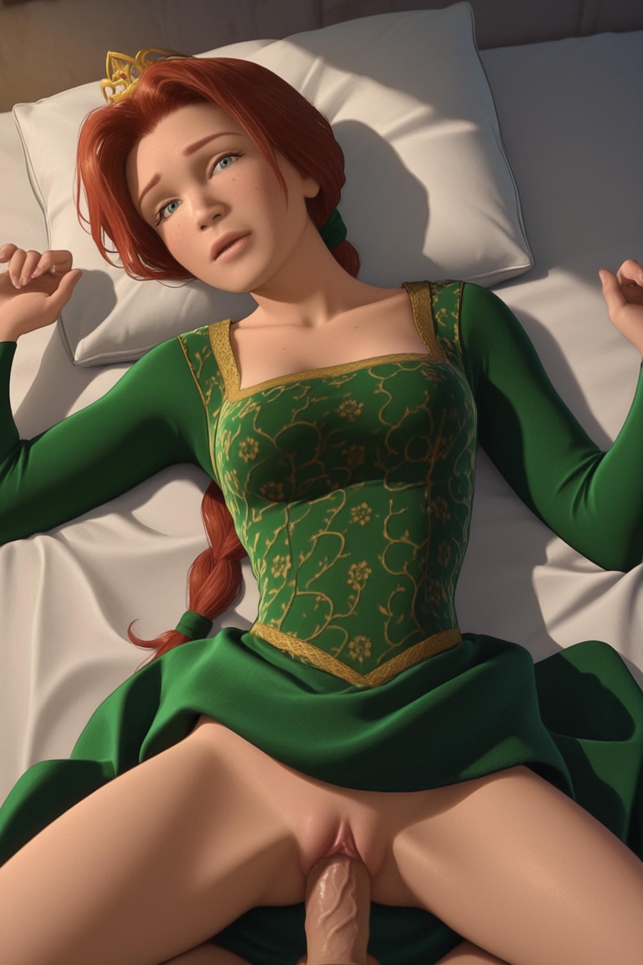 ai assisted, ai generated, bed, blue eyes, dirtmaster, dreamworks, dress lift, female, having sex, human fiona, looking at viewer, male, missionary position, penetration, penis, pov, princess fiona, princess fiona (human), pussy, red hair, sex, shrek (series), vaginal penetration, vaginal sex