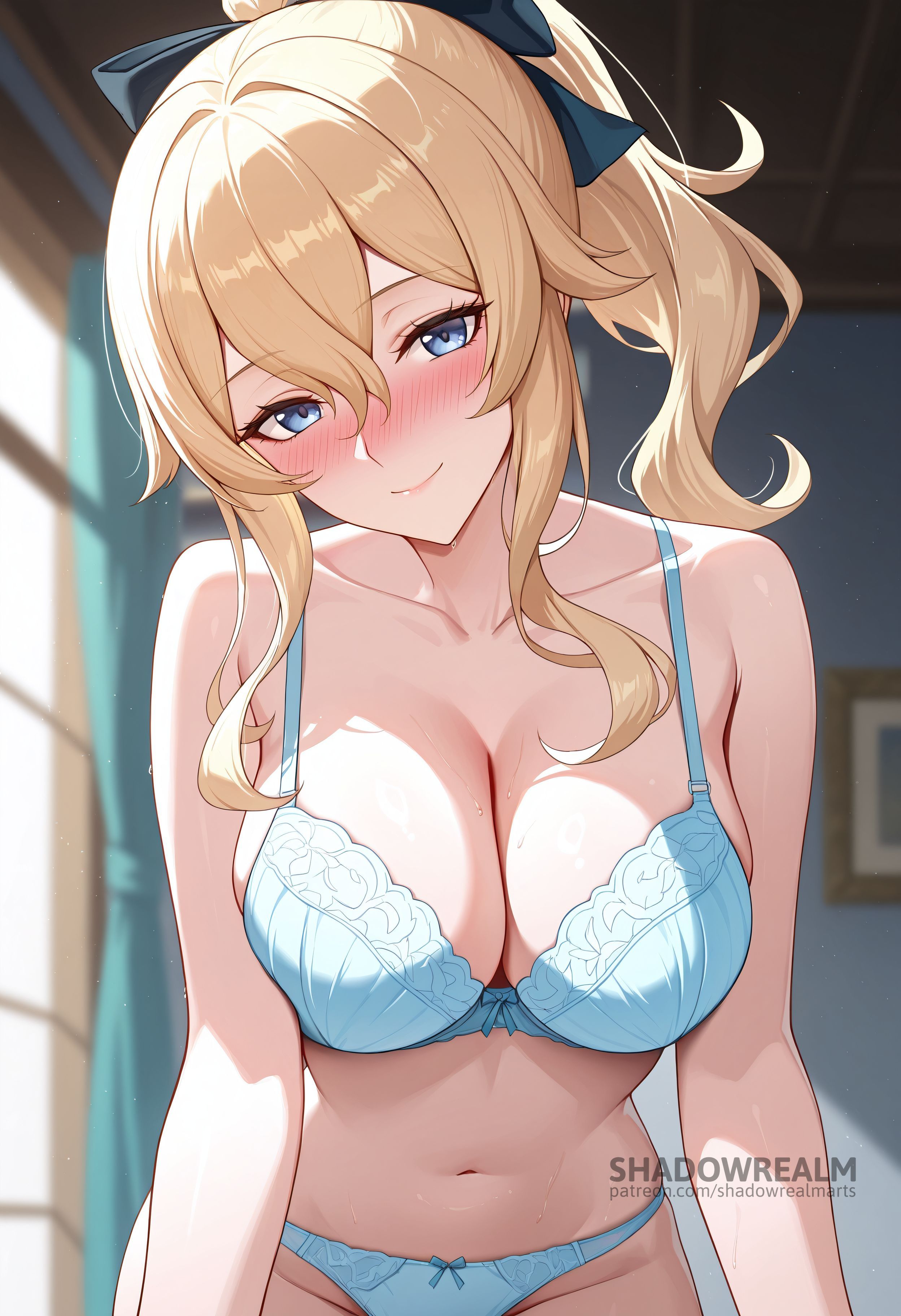 ai generated, bare shoulders, blonde hair, blue bra, blue eyes, blue panties, blurry, blurry background, blush, bow, bra, breasts, cleavage, closed mouth, collarbone, curtains, female, genshin impact, hair between eyes, hairbow, indoors, jean (genshin impact), jean gunnhildr, large breasts, long hair, looking at viewer, navel, panties, ponytail, shadowrealmarts, sidelocks, smile, solo, stomach, sweat, uncensored, underwear, underwear only, window