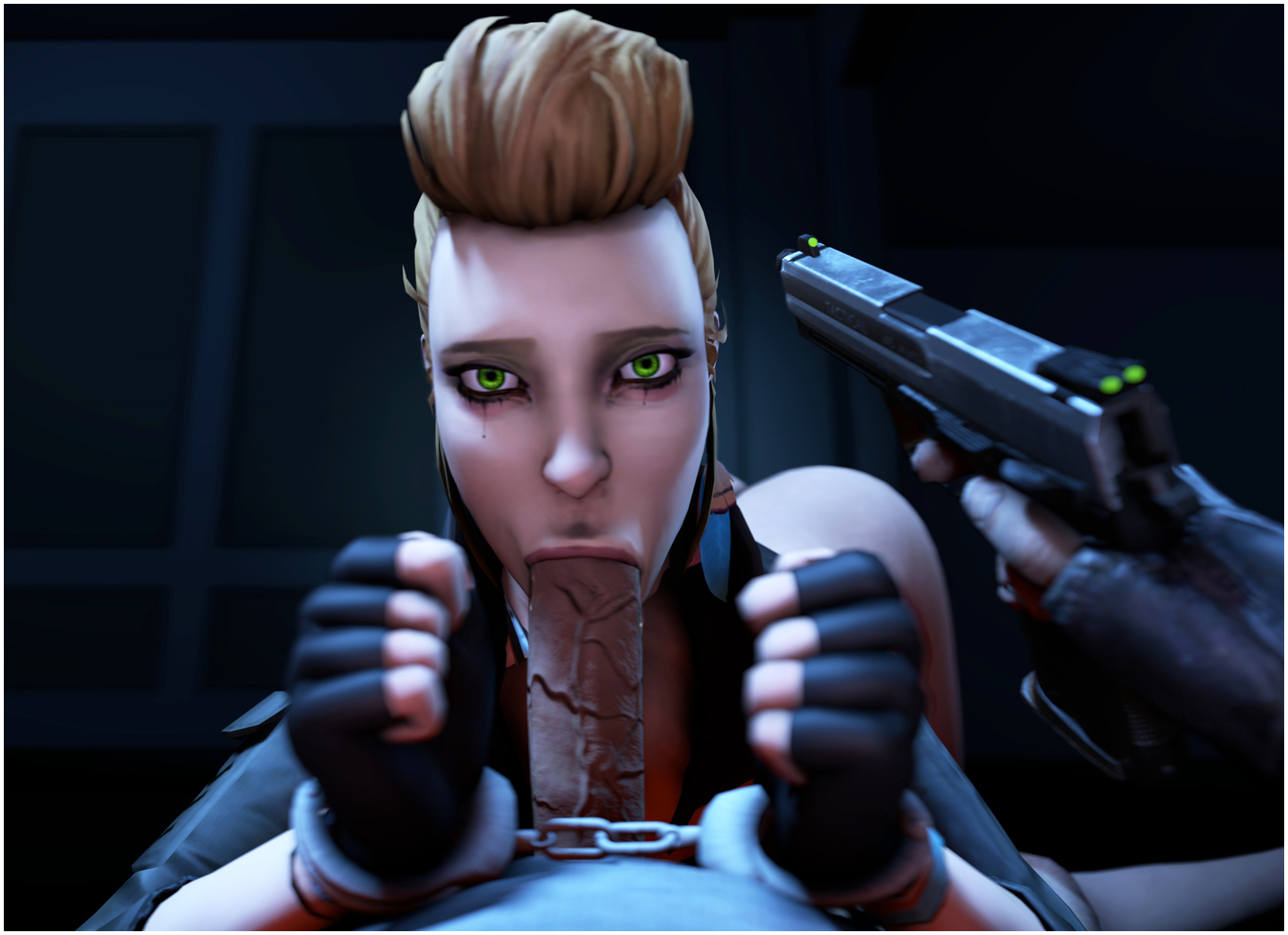 :>=, 1girls, 3d, blowjob, bondage, fellatio, female, forced, gunpoint, handcuffs, lenaid, life is strange, looking at viewer, male, penetrating pov, penis, pov, rachel amber, rape, source filmmaker, sucking, threatening, weapon