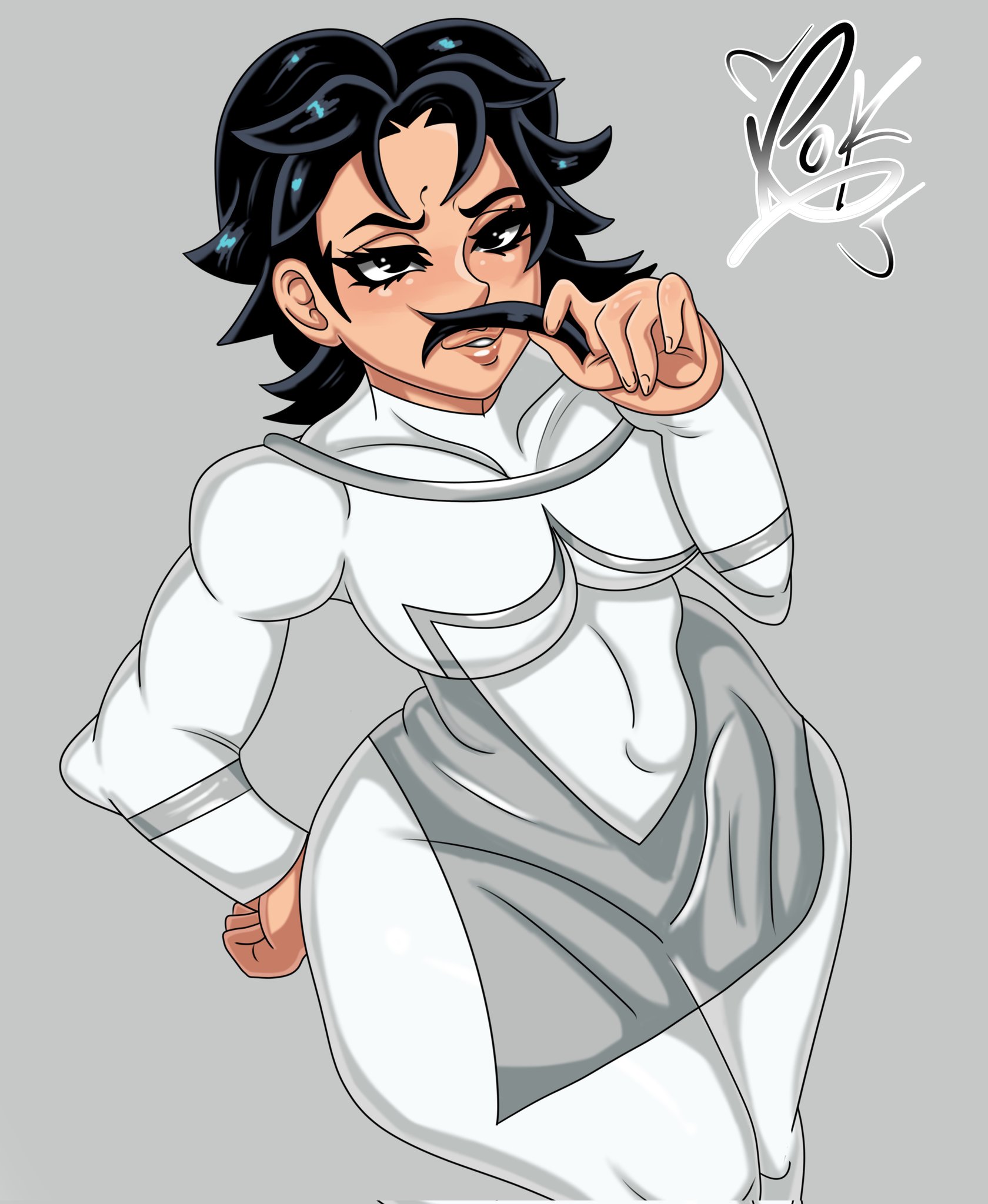 2d, 2d (artwork), big ass, big breasts, big thighs, black eyes, black hair, breasts, female, femvincible, holding hair, invincible, invincible (comics), invincible (tv series), mark grayson, mocking, mustache femvincible, mustache mark (invincible), pose, tagme, tagme (artist), viltrumite, viltrumite uniform, white clothing, wide hips