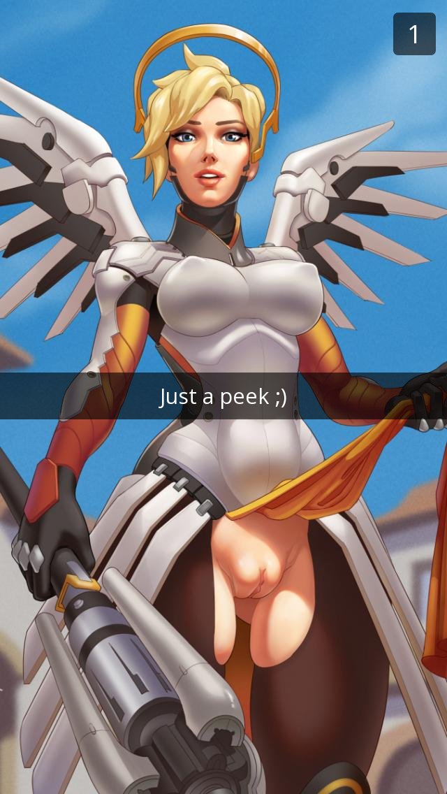 blonde hair, blue eyes, breasts, crotchless, female, flashing, looking at viewer, mercy, overwatch, perky breasts, pussy, pussy cutout, snapchat, text