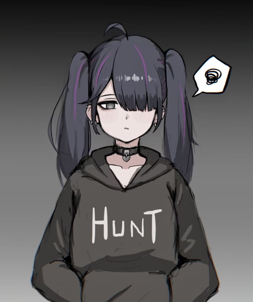 1boy black_eyes black_hair black_hoodie confused crossdressing earrings expressionless femboy hand_in_pocket hood hoodie jewelry lilim_(bbq_lilim) male_focus otoko_no_ko purple_hair rbq_lilim solo speech_bubble