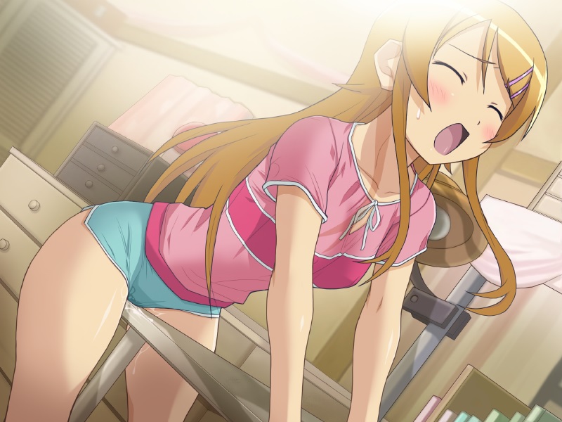 blonde hair, blue shorts, blush, closed eyes, clothing, dutch angle, eroge, female, kousaka kirino, long hair, open mouth, ore no imouto ga konna ni kawaii wake ga nai, schoolgirl, shorts
