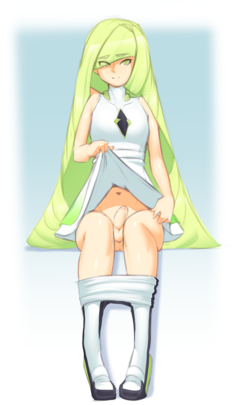 1futa, aether foundation, alternate hair color, balls, bare shoulders, breasts, clothed, dress, erection, erection under clothes, erection under skirt, foreskin, futa only, futanari, green eyes, green hair, hair over one eye, intersex, long hair, looking at viewer, lusamine (pokemon), navel, necrosmos, no panties, pants down, penis, penis out, penis under clothes, penis under skirt, pokemon, pokemon sm, precum, precum drip, sitting, skirt, skirt lift, small balls, small breasts, small penis, smile, solo, uncircumcised, upskirt, white background
