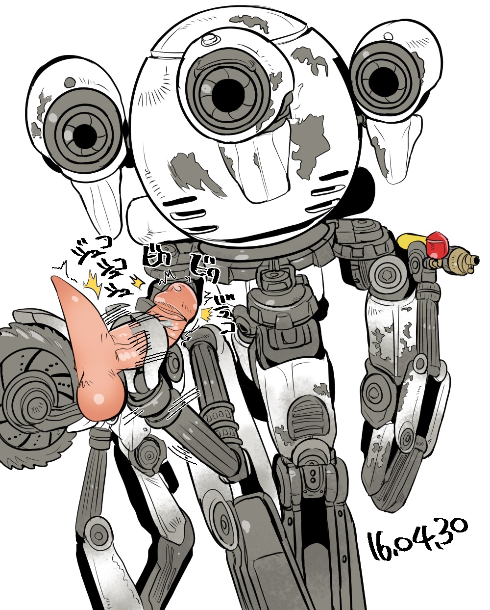 1boy, balls, curie (fallout 4), erect penis, fallout, fallout 4, handjob, human, male, nekubi, no source, penis, robot, technophilia, testicles, text