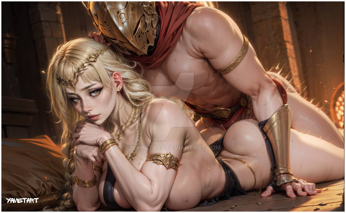 1boy1girl ai_generated blonde_hair elden_ring helmet muscular_arms muscular_male queen_marika_the_eternal tarnished