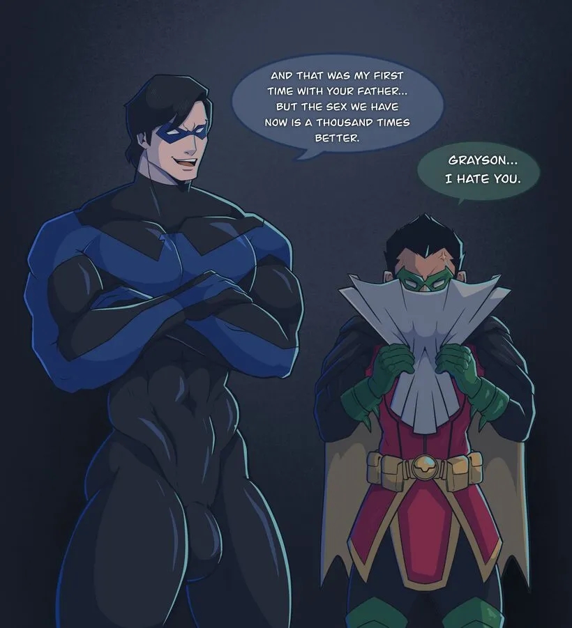 2boys age_difference all_draw batman_(series) bulge clothing comic crossed_arms damian_wayne dc dc_comics dick_grayson gay male male_focus male_only mask muscular_male nightwing robin_(damian_wayne) robin_(dc) size_difference superhero superhero_costume talking teenage_boy teenager tight_clothing yaoi