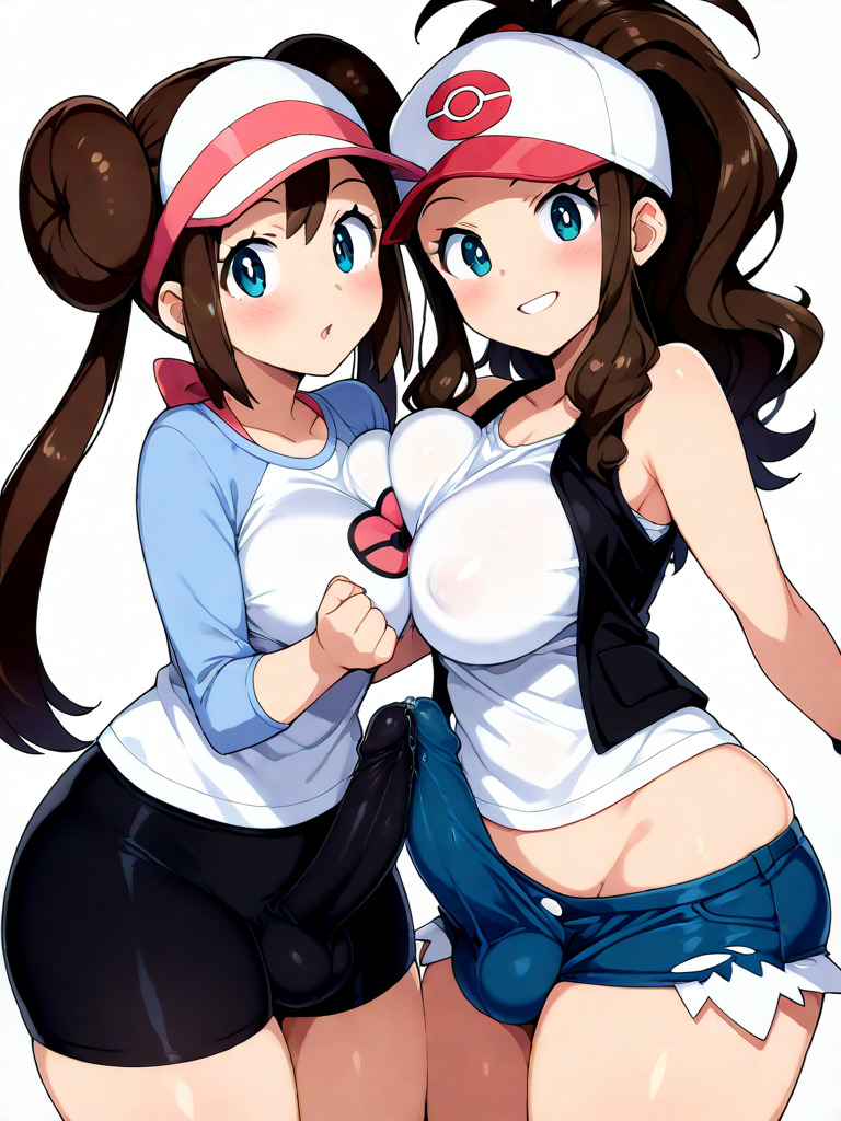 bulge bulge_through_clothing futanari hilda_(pokemon) penis_touching_penis penis_under_clothes pokemon rosa_(pokemon) skirt thighhighs yuri