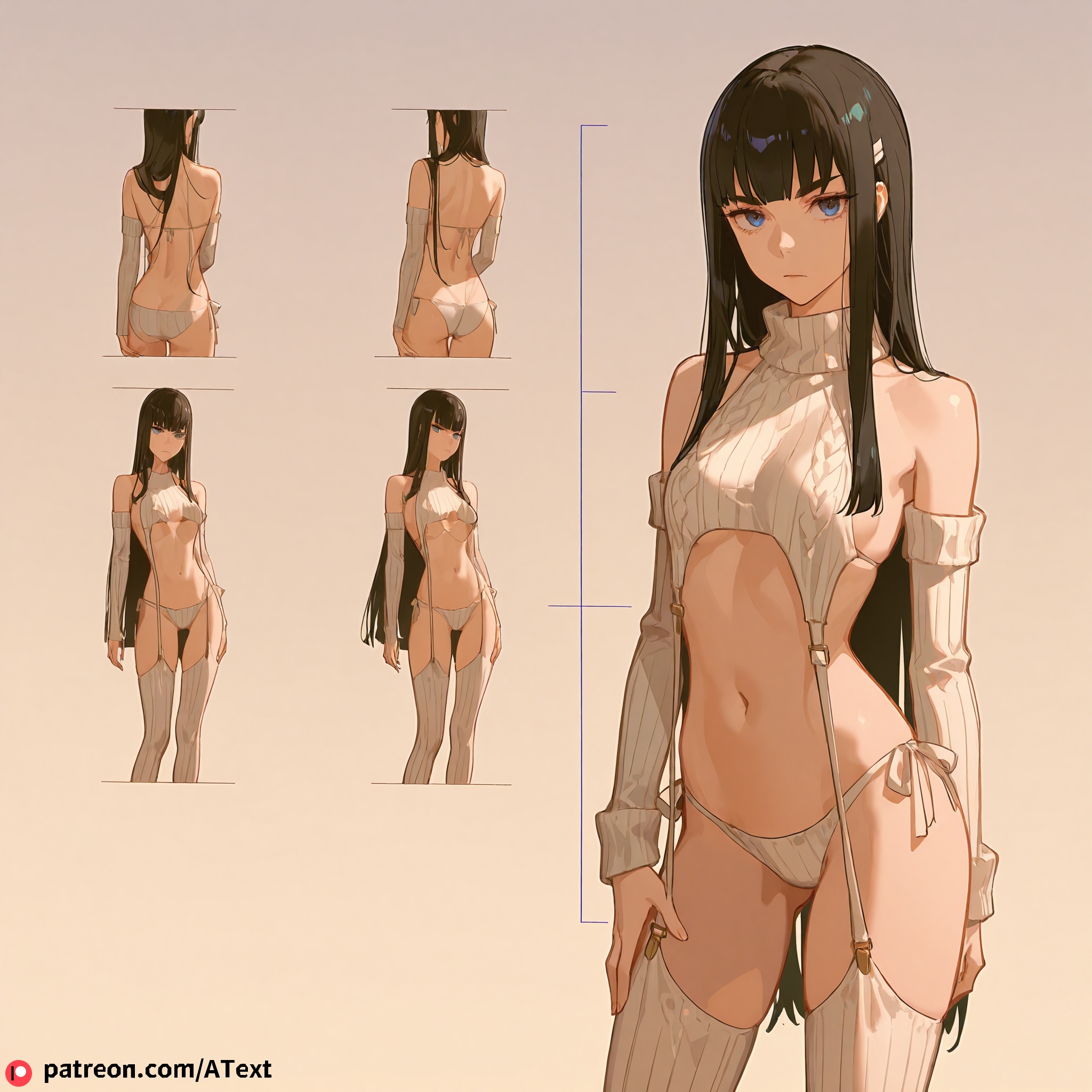 ai generated, black hair, blunt bangs, expressionless, female, flat chest, hand on thigh, kill la kill, kiryuuin satsuki, model sheet, very long hair, virgin destroyer sweater
