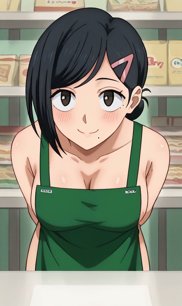 1boy 1girls absurd_res ai_generated anime apron apron_only arms_behind_back black_hair blush breasts brown_eyes curvy eye_contact female leaning_forward light-skinned_female light-skinned_male light_skin looking_at_another looking_at_viewer naked naked_female nopemope26 nude nude_female plump pov pov_eye_contact sakamoto_aoi sakamoto_days short_hair smile thighs uncensored wife