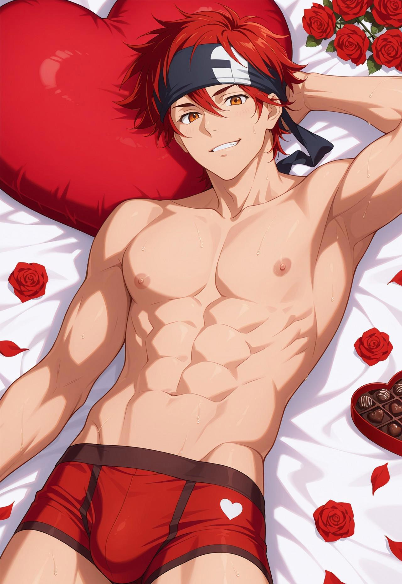 1boy abs ai_generated amber_eyes armpits arms_behind_back blush boxer_briefs bsky_link bulge chocolate chocolate_box civitai dvxxxgrai gay headband heart_pillow illustrious_(stable_diffusion) leaves lying lying_on_back male male_underwear navel nipples nude nude_male pillow red_eyes red_male_underwear red_underwear reki_kyan rose_(flower) sk8_the_infinity smile solo solo_male tagme toned toned_body toned_male twitter_link underwear valentine's_day yaoi