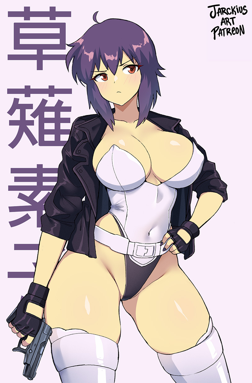 ahoge artist_name belt black_jacket boots breasts cleavage collarbone covered_navel covered_nipples female fingerless_gloves ghost_in_the_shell ghost_in_the_shell:_stand_alone_complex gloves gun handgun highleg highleg_leotard highres holding holding_gun holding_weapon jacket jarckius kusanagi_motoko large_breasts leotard looking_at_viewer orange_eyes purple_hair purple_nails short_hair thigh_boots thighhighs weapon