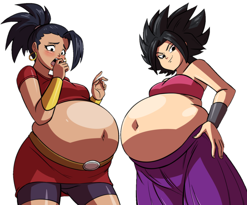 2girls axel-rosered belly belt black_hair blush breasts caulifla dragon_ball dragon_ball_super earrings hands_on_own_hips huge_belly jewelry kale kale_(dragon_ball) multiple_girls navel open_mouth pants pregnant purple_pants red_shirt red_skirt shirt short_hair skirt