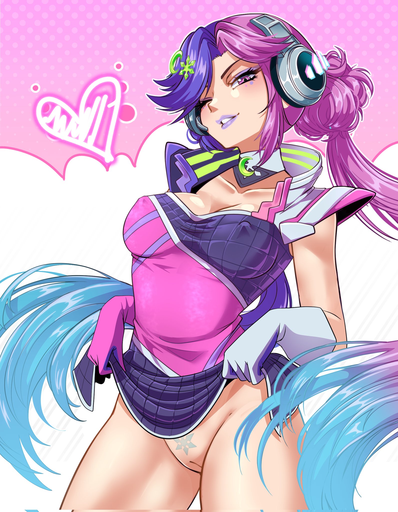 1girls, alternate costume, breasts, female, female only, lifting skirt, lipstick, luna snow, luna snow (marvel rivals), luna snow (mirae 2099), marvel, marvel comics, marvel rivals, partially clothed, pink hair, purple lipstick, pussy, skirt lift, spookypandagirl, thick thighs, twintails, wink