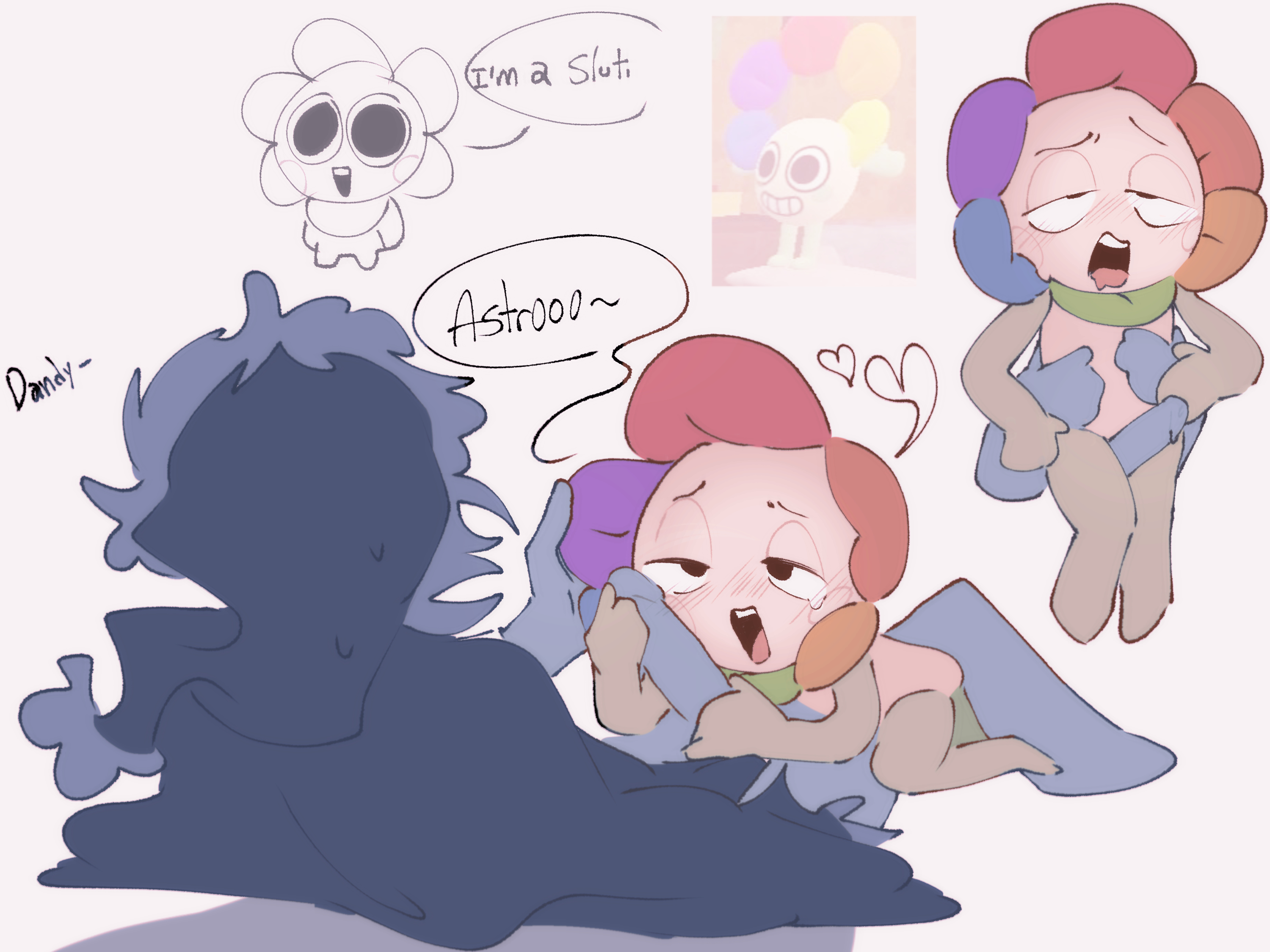 astro (dandy's world), crawliewalie, dandy (dandy's world), dandy's world, frottage, implied oral, male, moonflower (dandy's world), no penetration, penis, size difference
