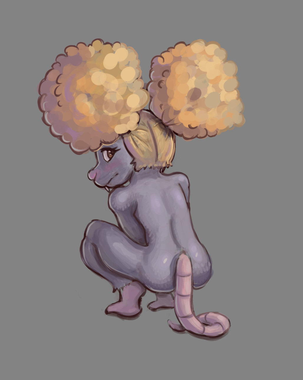 afro_puffs anthro ass blonde_hair blush brown_eyes crouching embarrassed female fur grey_body grey_fur hair hi_res looking_at_viewer looking_back luminared mammal murid murine nude rat rodent small_butt solo