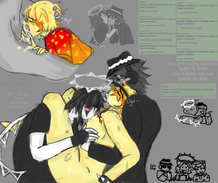 2femboys 3boys anal anal_sex artist_request bite_marks black_eyes black_hair black_shirt black_suit blowjob blush chance_(forsaken) closed_eyes clothed cultist cum cum_on_face cuntboy doodles drooling elliot_(forsaken) fedora fingerless_gloves forsaken_(character) forsaken_(roblox) funny_text gambler gay_sex grabbing_hair grey_background grey_skin halo headphones hickeys holding_chest holding_face holding_penis intersex male/male/male male_only motion_lines muffled_moaning no_face no_socks pizza_delivery_man pleasured pleasured_male roblox roblox_game shades star_necklace sucking_fingers sucking_nipple sweat_droplets tearing_up text threesome two_time_(forsaken) unclothed visor_cap wings yellow_hair yellow_skin