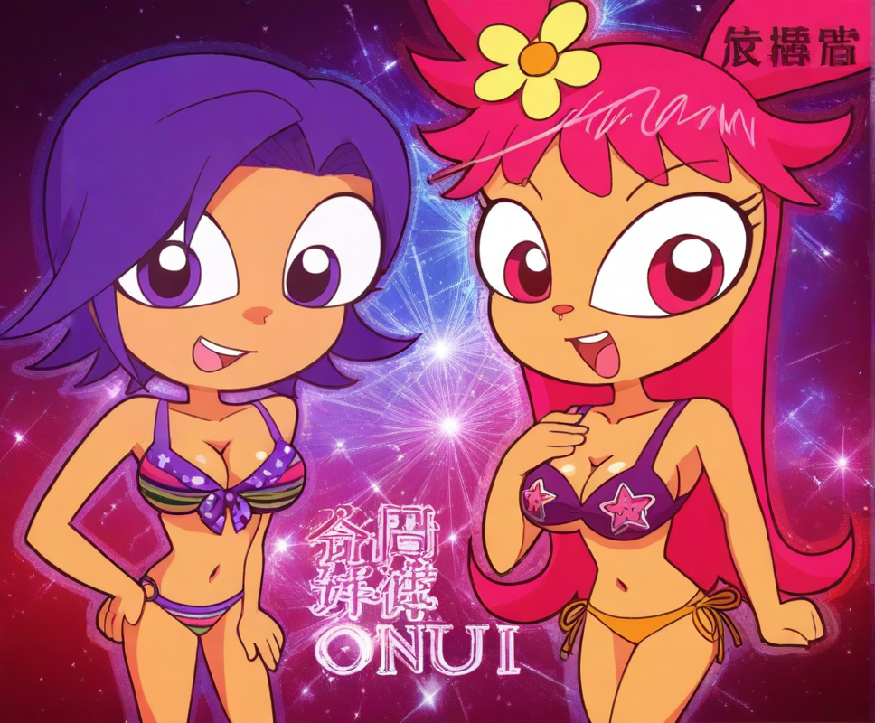 2025 2girls ai_assisted ai_generated ami_onuki background bikini cartoon_network fireworks flower flower_in_hair happy happy_female hi_hi_puffy_amiyumi japanese_text orange_bikini_bottom pink_eyes pink_hair png purple_bikini_top purple_eyes purple_hair warner_brothers yumi_yoshimura