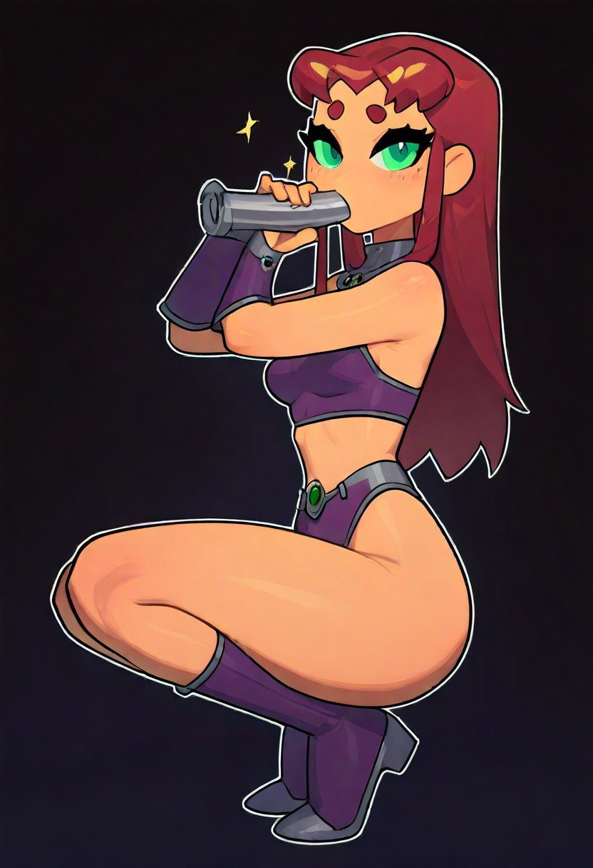 boobs d3rmal dildo dildo_in_mouth edit green_eyes long_hair looking_at_viewer red_hair squatting starfire tagme teen_titans wanting_sex