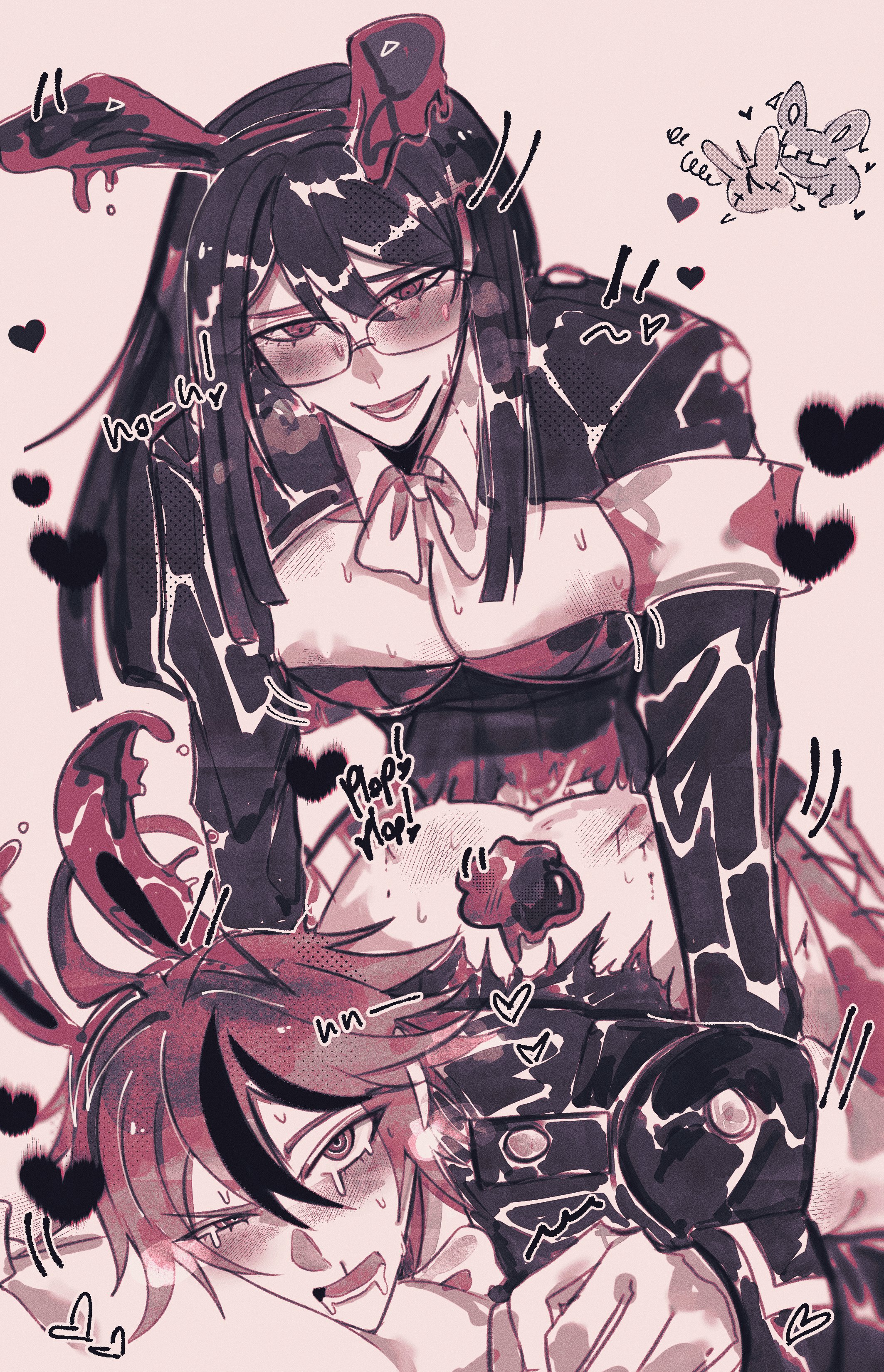 1boy, 1boy1girl, 1girls, blush, bunny ears, crying with eyes open, drool, female penetrating, female penetrating male, femdom, glasses, heart, heart symbol, hiruko shizuhara, leather clothing, long hair, multicolored hair, pegging, plap, pleasured female, red hair, shizuhara hiruko, sumino takumi, takumi sumino, the hundred line -last defense academy-, twink