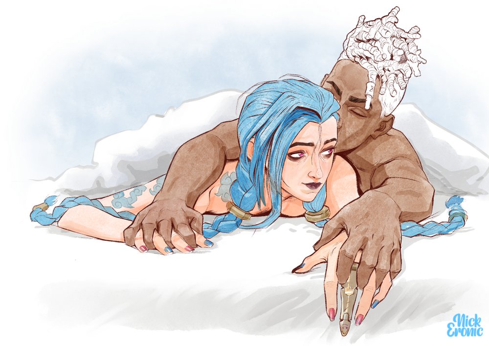 1boy 1girls arcane arcane_ekko arcane_jinx bed bed_sheet blue_hair canon_couple dark-skinned_male ekko jinx_(league_of_legends) league_of_legends light-skinned_female love muscular muscular_male petite petite_body sfw size_difference valentine&#039;s_day white_hair wholesome