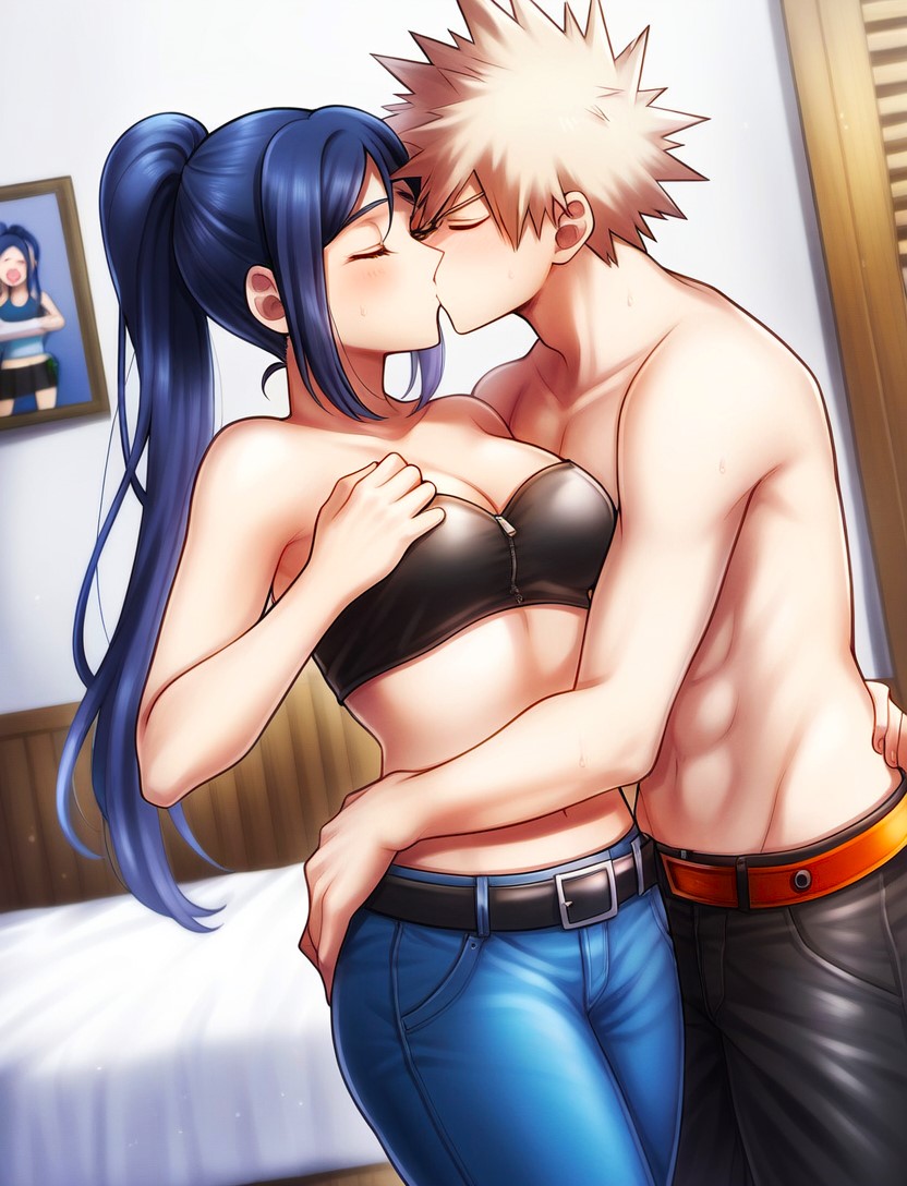 anime beautiful blue_hair boku_no_hero_academia breasts closed_eyes crossover crossover_kiss cute denim embrace hero high_school high_school_student idol jeans jnbu katsuki_bakugou kissing love_live! matsuura_kanan midriff novelai ponytail spiky_hair topless_male