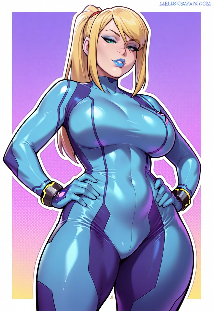 1girl ai_generated bimbo_lips bimbofication eyeliner large_breasts lipstick makeup samus_aran solo solo_female thick_thighs zero_suit zero_suit_samus