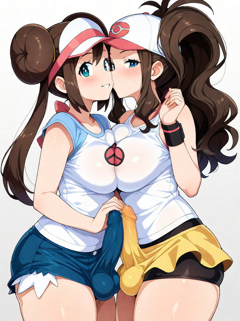 ai_generated bulge bulge_through_clothing futanari hilda_(pokemon) penis_touching_penis penis_under_clothes pokemon rosa_(pokemon) skirt thighhighs yuri