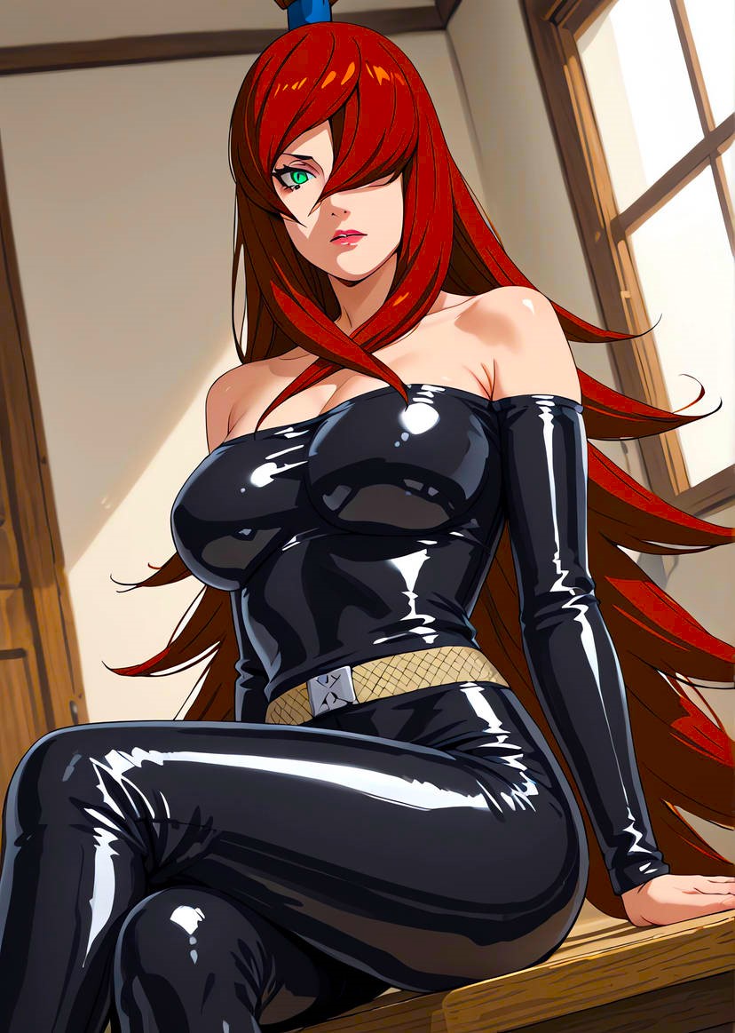 ai_generated anime attractive babe bare_shoulders beautiful beautiful_females belt big_breasts busty curvy_figure date day dress female ginger hair_over_one_eye hair_tie happy_valentine isaris-ai kunoichi latex latex_clothing legs legs_crossed lipstick looking_at_viewer mei_terumi naruto naruto_shippuden ninja off_shoulder_dress saint-valentine seductive seductive_look sexually_suggestive sexy sitting sitting_down valentine's_day window wood wooden_chair