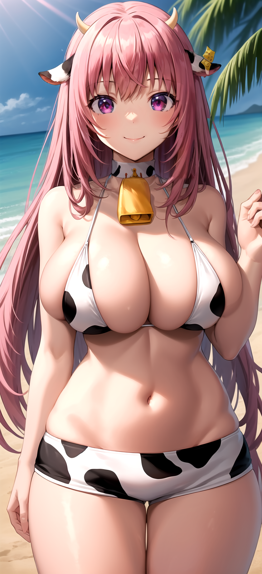 1girl ai_generated animal_ears animal_print arm_at_side ass_visible_through_thighs bare_arms bare_shoulders beach bell bikini bikini_shorts blue_sky blush breasts choker cleavage closed_mouth cloud collar collarbone cow_(waisetsu_missile) cow_ears cow_girl cow_horns cow_print cow_print_bikini cowbell cowboy_shot day ear_tag fake_horns female halterneck hand_up horns huge_breasts large_breasts long_hair looking_at_viewer micro_shorts navel neck_bell ocean outdoors palm_tree pink_eyes pink_hair pixiv print_bikini rena_aikawa_(pixiv_user) short_shorts shorts sideboob skindentation sky smile solo stable_diffusion standing stomach strap_gap string_bikini sunlight swimsuit thigh_gap thighs tree very_long_hair waisetsu_missile water white_bikini white_shorts