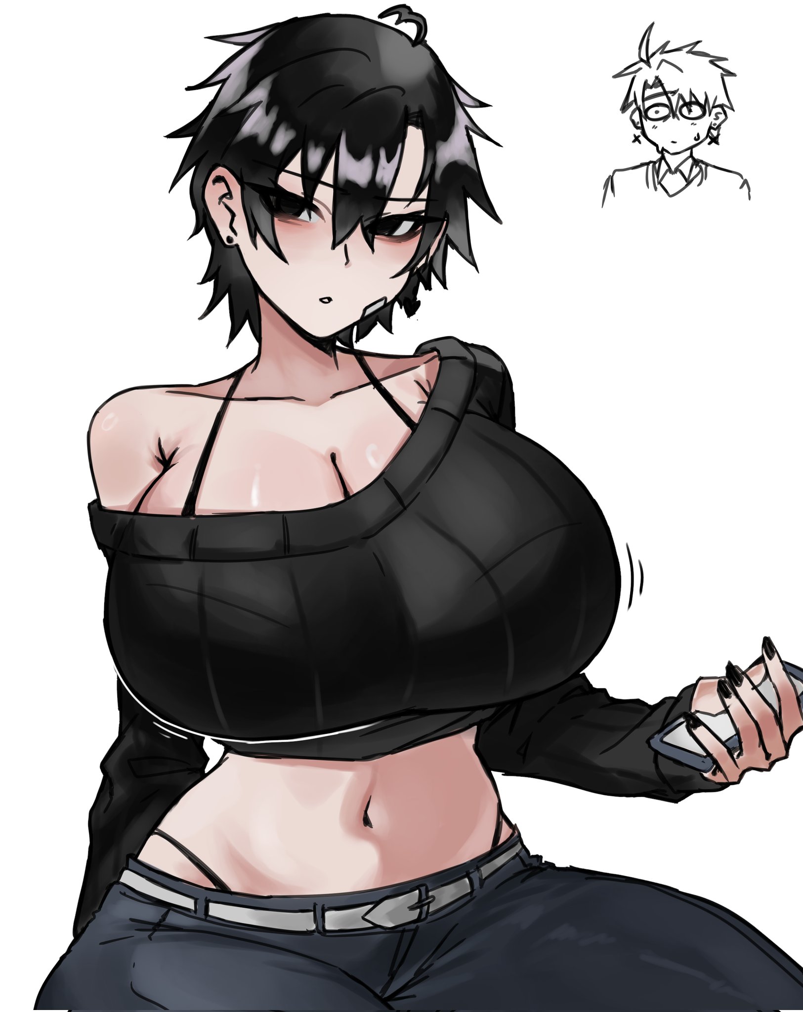 1girls, akira404040, belly, black hair, breasts, female, huge breasts, looking at viewer, neru (akira404040), thick thighs, tomboy