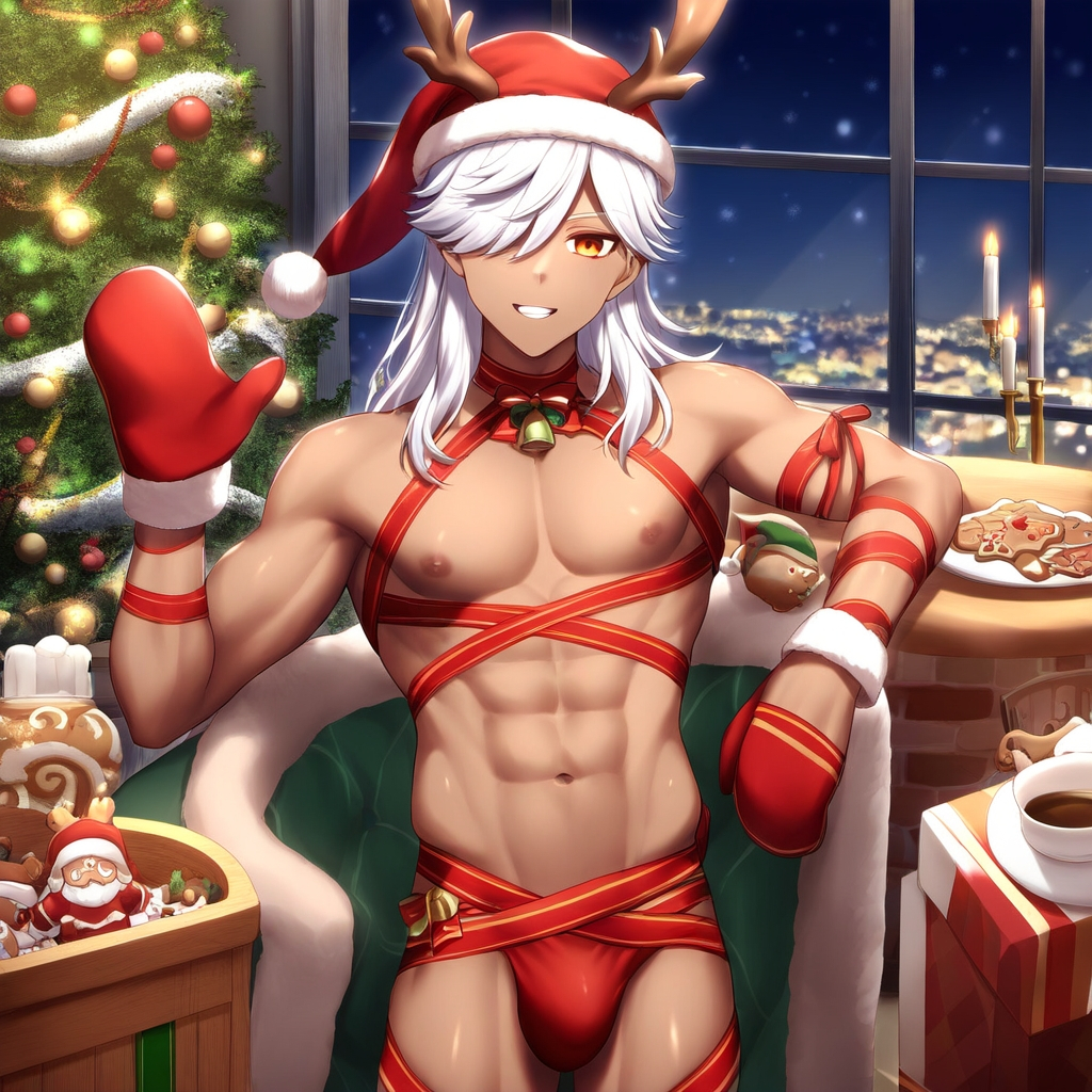 1boy abs ai_generated bell_collar bulge candle candlelight christmas christmas_outfit christmas_tree cyno_(genshin_impact) dark_nipples genshin_impact gift_wrapped hair_over_one_eye male male_focus male_only mittens muscular_male pecs reindeer_antlers santa_hat shirtless shirtless_male solo_male speedo toned toned_body toned_male toned_stomach twunk white_hair winter wrapped