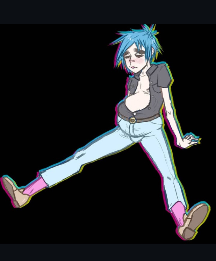 2d_(gorillaz) big_belly black_background clothed gorillaz legs_spread mpreg pregnant_male round_belly