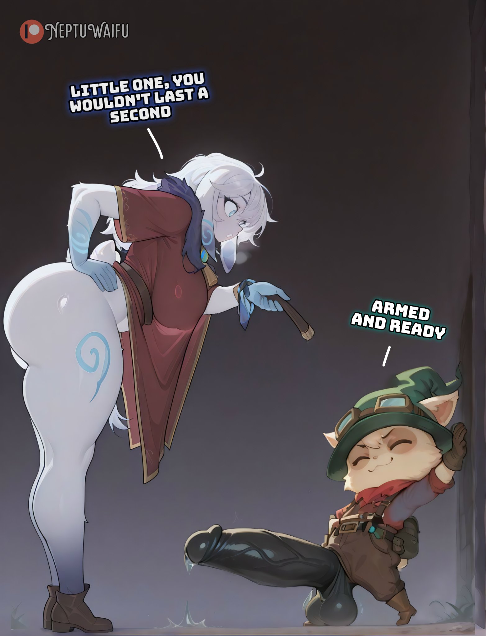 ai generated, big ass, big breasts, big butt, big penis, female, highres, kindred, league of legends, neptuwaifu, size difference, teemo, text