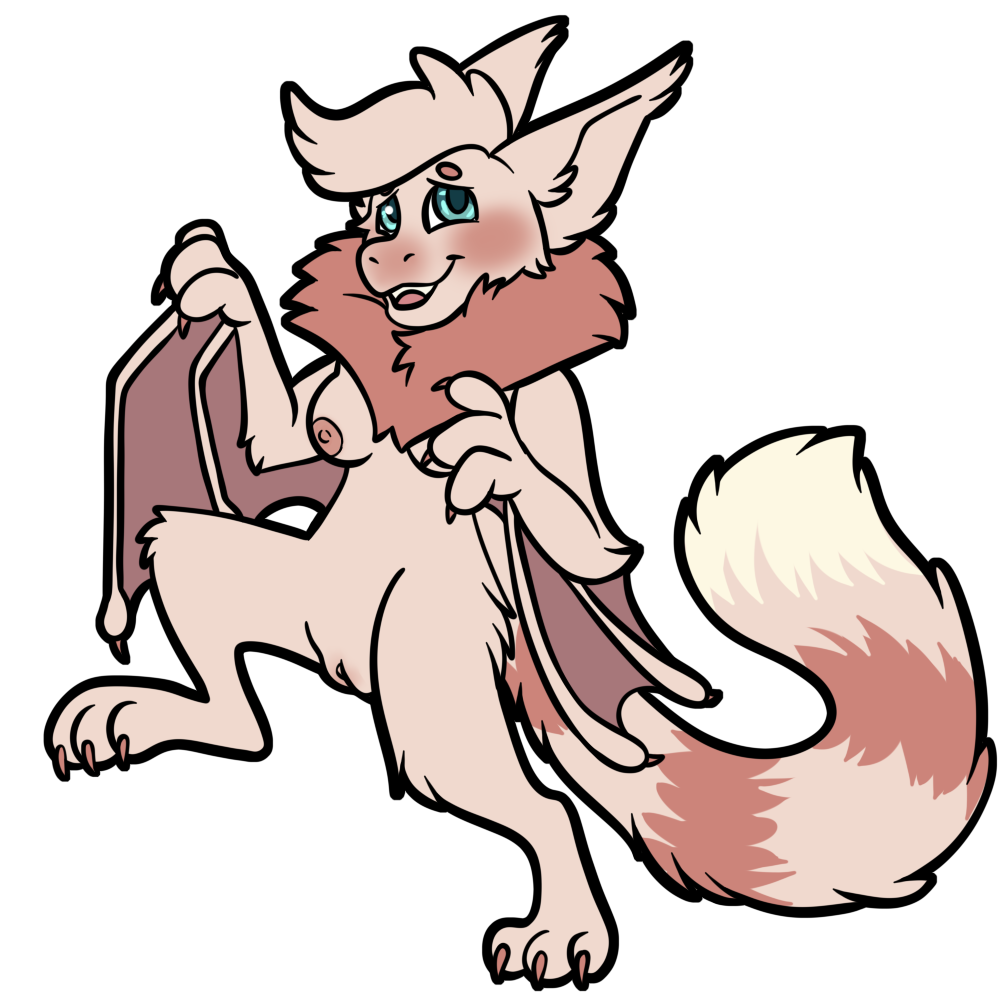 3_fingers anthro bat belfry_(tamberlane) blue_eyes blush breasts chest_tuft claws ears_back female fingers fluffy fluffy_chest fluffy_tail fur genitals head_tuft humanoid hybrid mammal pink_body pink_fur pivoted_ears pussy sebnanigins_(artist) solo tail tamberlane_(comic) tan_body tan_fur tuft winged_arms wings