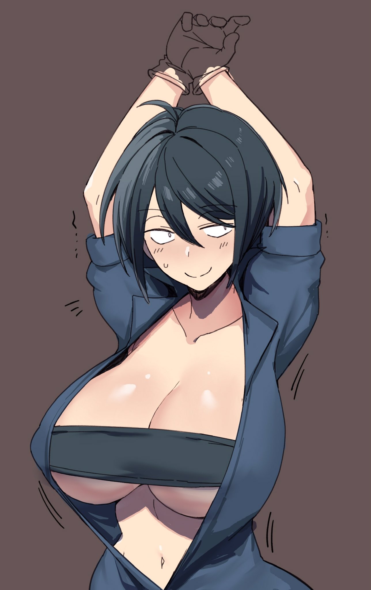 ahoge bad_id bad_twitter_id black_bra black_hair blush bra breasts brown_background cleavage female gloves half-closed_eyes highres huge_breasts indie_virtual_youtuber jitome jumpsuit kataochi_chuuko metal_volcano navel open_jumpsuit sanpaku short_hair simple_background sketch smile solo stretching underwear unfinished virtual_youtuber