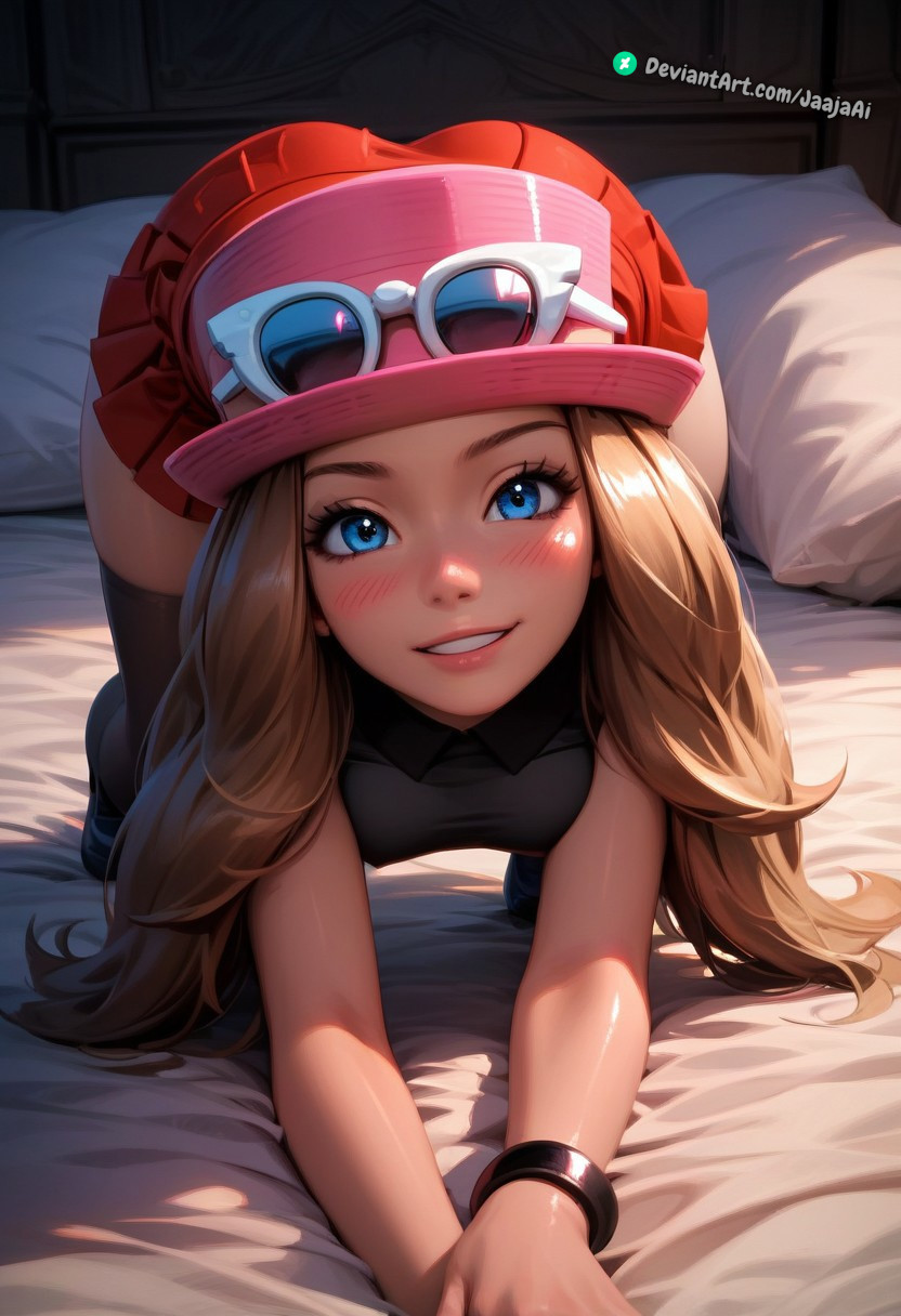 1girls ai_generated bedroom bending_over bent_over blonde_hair blue_eyes blush blushing_at_viewer cheeky cute glasses glasses_on_head headwear horny horny_female jaajaai long_hair looking_at_viewer on_bed pink_headwear pokemon red_skirt seducing seductive seductive_look seductive_pose seductive_smile serena_(pokemon) sfw shiny_skin skirt smile smooth_skin tagme teasing