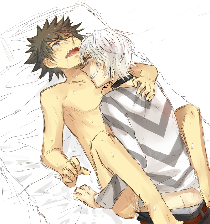 2boys accelerator anal ass_juice evil_grin grin kamijou_touma lying male_only multiple_boys open_mouth sex smirk tagme to_aru_majutsu_no_index wince yaoi