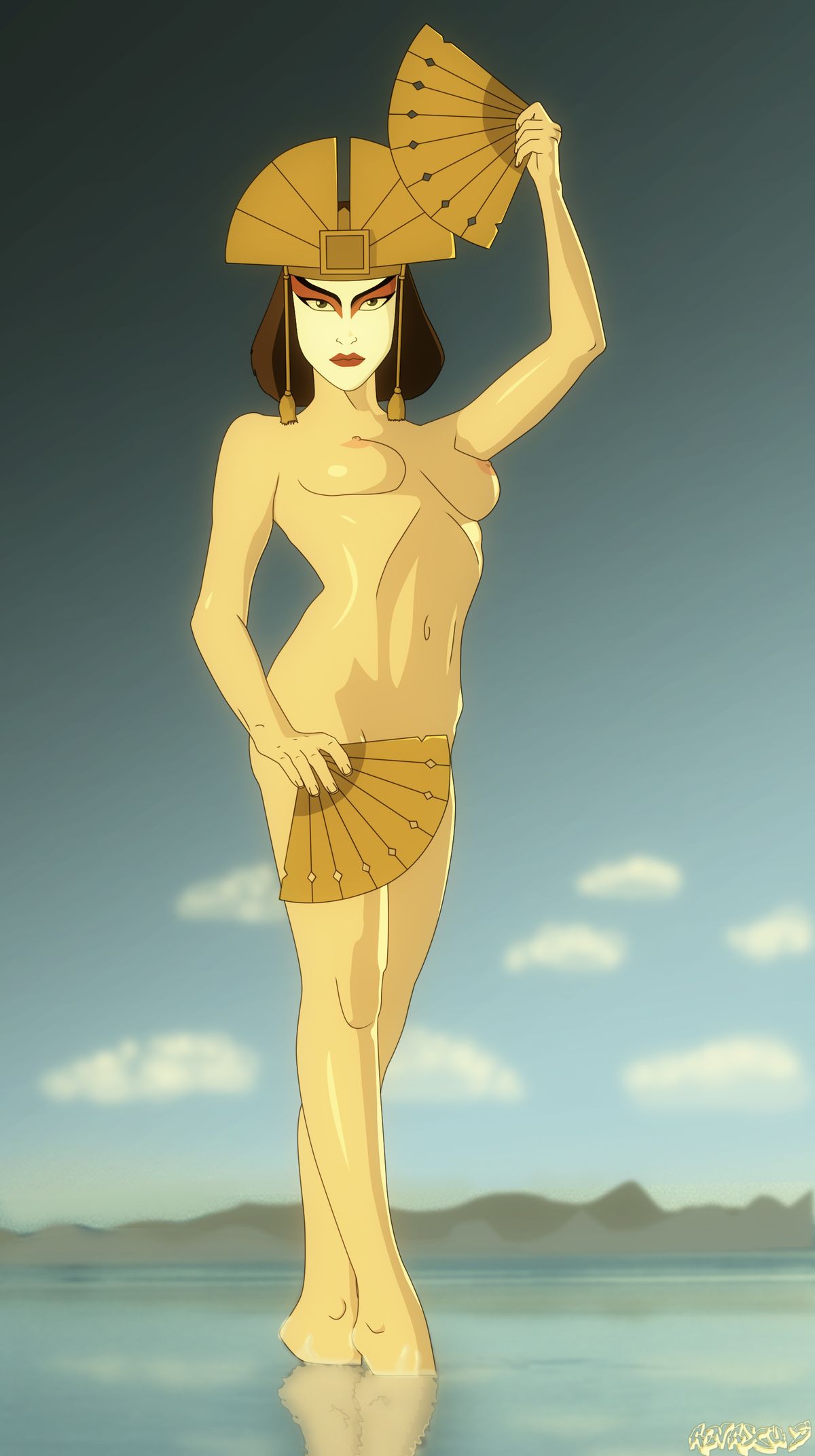 1girls, anaxus, avatar legends, avatar the last airbender, breasts, earth kingdom, fan, female, female focus, female only, kyoshi, medium breasts, naked, nickelodeon, nipples, nude, nude female, the avatar, water