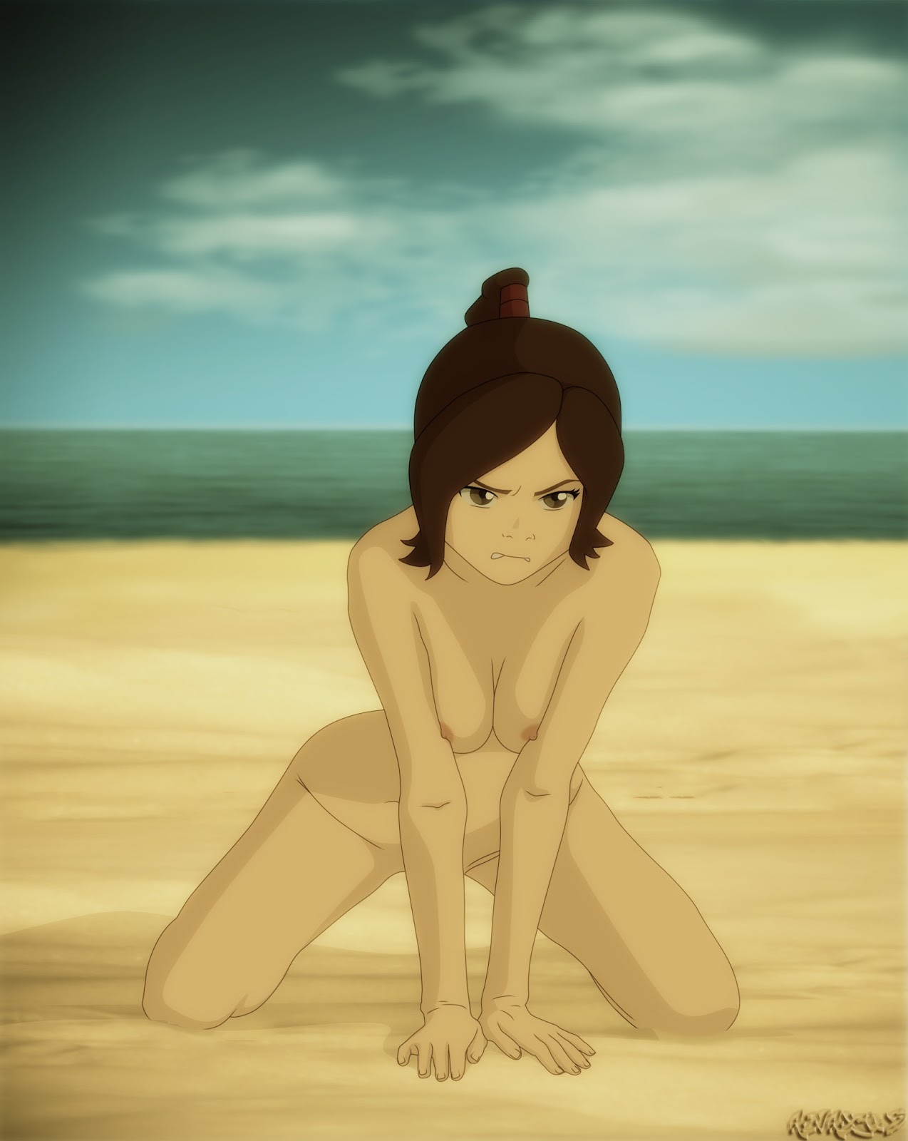 1girls, accurate art style, all fours, anaxus, angry, avatar the last airbender, beach, breasts, brown eyes, brown hair, female, frown, medium breasts, nickelodeon, nipples, nude, small breasts, solo, style parody, tagme, ty lee