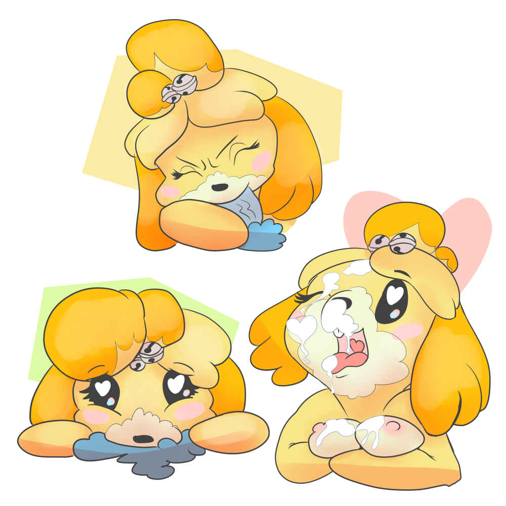 2016 animal_crossing anthro balls blush breasts canine cum cum_on_face duo eeekay fellatio female fur isabelle_(animal_crossing) male mammal nintendo nipples open_mouth oral penis sex simple_background smile straight video_games yellow_fur