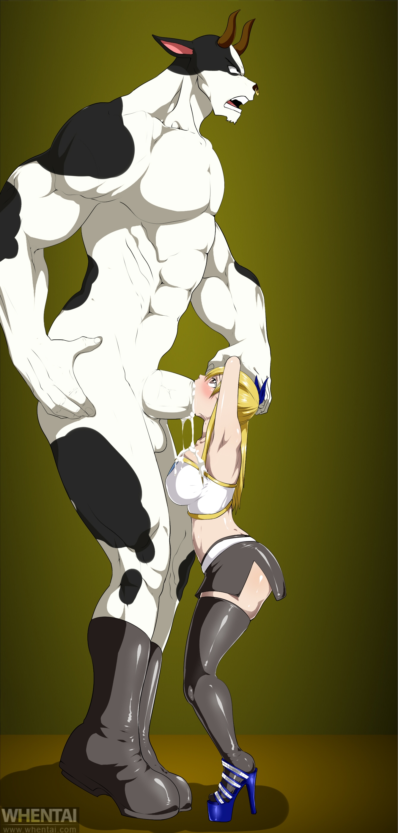 1boy, 1girls, anthro, anthro on human, armpits, ass, big ass, black legwear, blonde hair, blonde-haired female, blue high heels, blush, bovine, breasts, broken jaw, brown eyes, clothed female, clothed female nude male, clothed sex, cow print, cum, cum drip, cum in mouth, cum inside, cum on body, cum on breasts, cum on clothes, deepthroat, dislocated jaw, ed-jim, ejaculation, face fucking, fairy tail, fellatio, female, femsub, furry, hand on head, high heels, holding arms, human, irrumatio, larger male, long hair, looking up, lucy heartfilia, male, maledom, miniskirt, monster on female, oral, oral rape, penis, perfect height, rape, shiny, shiny skin, size difference, standing, standing fellatio, stocking, stomach, taurus (fairy tail), throat fuck, thrusting, thrusting into mouth, whentai