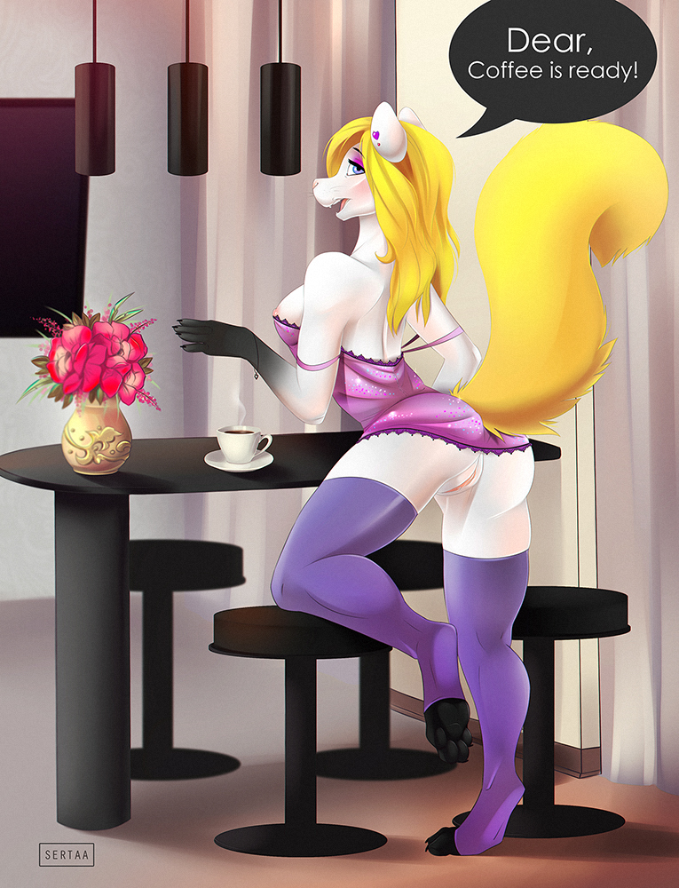 2016 anthro beverage breasts chair clothing coffee feline feline female flower fur hair lamp looking_at_viewer mammal nude plant pussy sertaa table vase