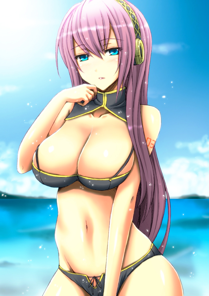 big_breasts bikini headphones megurine_luka nonude pink_hair tagme tied_hair twintails vocaloid wakame water