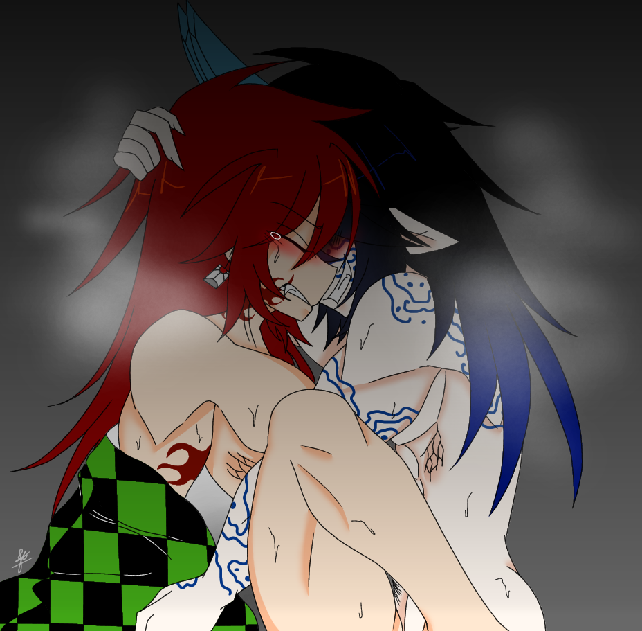 2boys age_difference anal_sex big_head blush dark_hair demon_slayer gay_sex horns kimetsu_no_yaiba long_hair muscles no_visible_genitalia oni red_hair self_upload smoke sweat tanjiro_kamado tattoo tattoo_on_arm tear thighs tomioka_giyuu toony yaoi